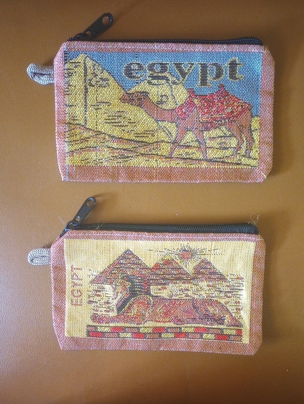 NWOT 2 Egyptian Zip Pouches. Camel & Sphynx. Gold Red Black Brown Yellow